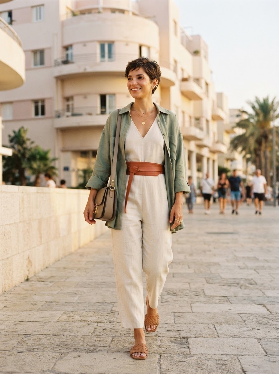 SKIPIKS AI fashion editorial — minimalist, casual, chic — This look combines a warm khaki open shirt with a soft ivory-toned jumpsuit, cre