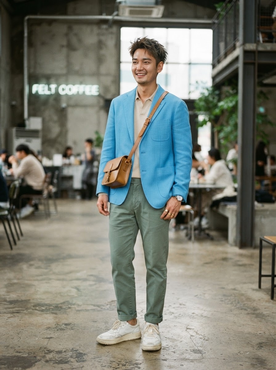 SKIPIKS AI 패션 화보 — casual, smart, colorful — 밝은 블루 재킷이 돋보이는 룩으로, 컬러 매치감이 세련된 느낌을 줍니다. 베이지 폴로 셔츠와 카키 팬츠로 컬러 밸런스를 맞췄으며, 화이트 스니커