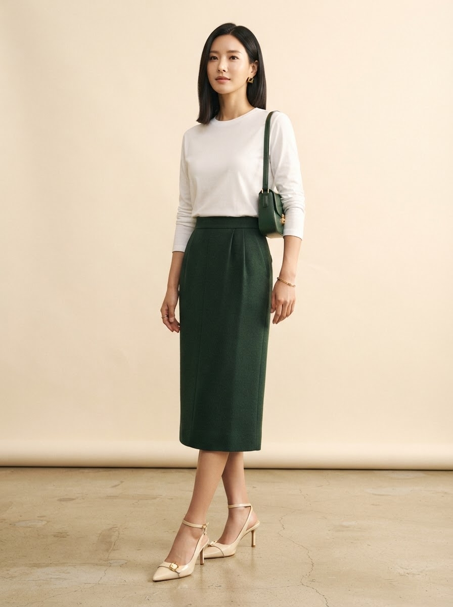 SKIPIKS AI fashion editorial — minimalist, feminine — The combination of a classic white top and green skirt creates an elevated style