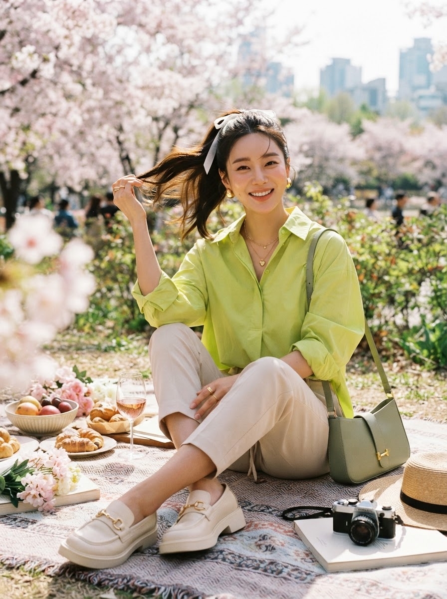SKIPIKS AI 패션 화보 — feminine, casual — 산뜻한 연둣빛 셔츠와 베이지 팬츠가 어우러져 봄날의 상쾌함을 완성합니다. 화사한 컬러를 바탕으로 아이보리 로퍼와 흰색 헤어 리본을 매치하여 사랑