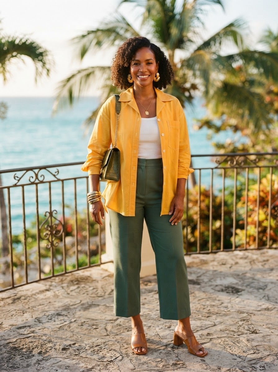 SKIPIKS AIファッション写真 — casual, resort — 活気ある黄色のシャツと白のノースリーブTシャツで爽やかな夏のムードを演出しましょう。オリーブグリーンのパンツとブラウンのサンダルを合わせれば、洗練されたカラーコ