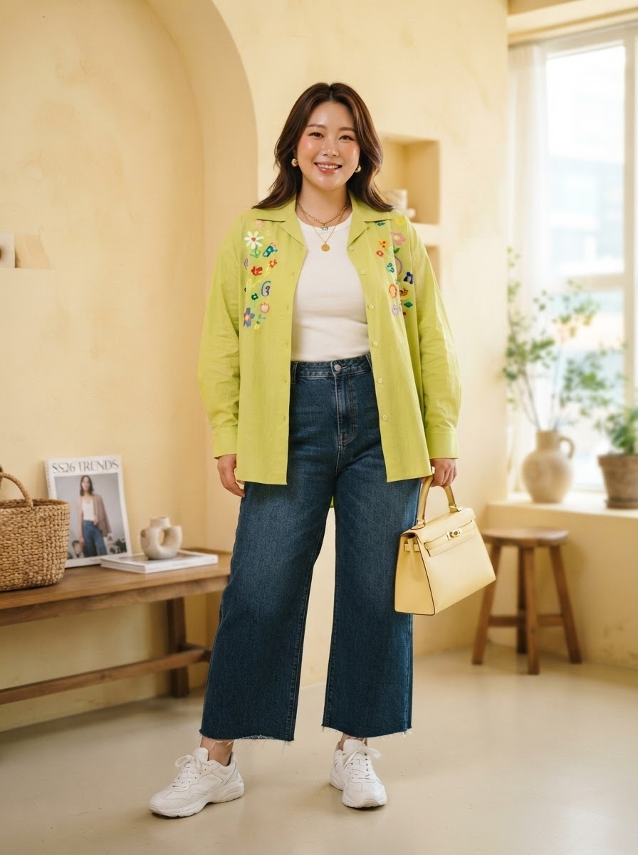 SKIPIKS AI 패션 화보 — casual, feminine — 노란색 자켓과 청바지의 산뜻한 조화가 돋보이는 캐주얼한 룩입니다. 흰색 티셔츠와 운동화로 간편한 데일리룩을 완성해보세요. 봄철, 가볍고 산뜻한 