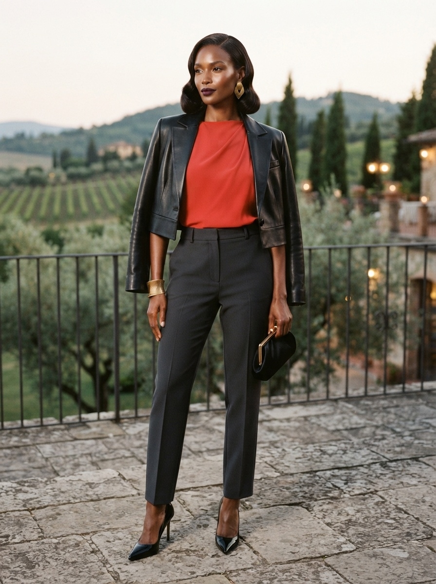 SKIPIKS AIファッション写真 — chic, business_casual, modern — 赤いトップと黒いレザージャケットの組み合わせは洗練されつつも強烈な印象を与えます。シンプルな黒のスラックスとヒールでフォーマルかつ都会的な雰囲気を完成させましょ