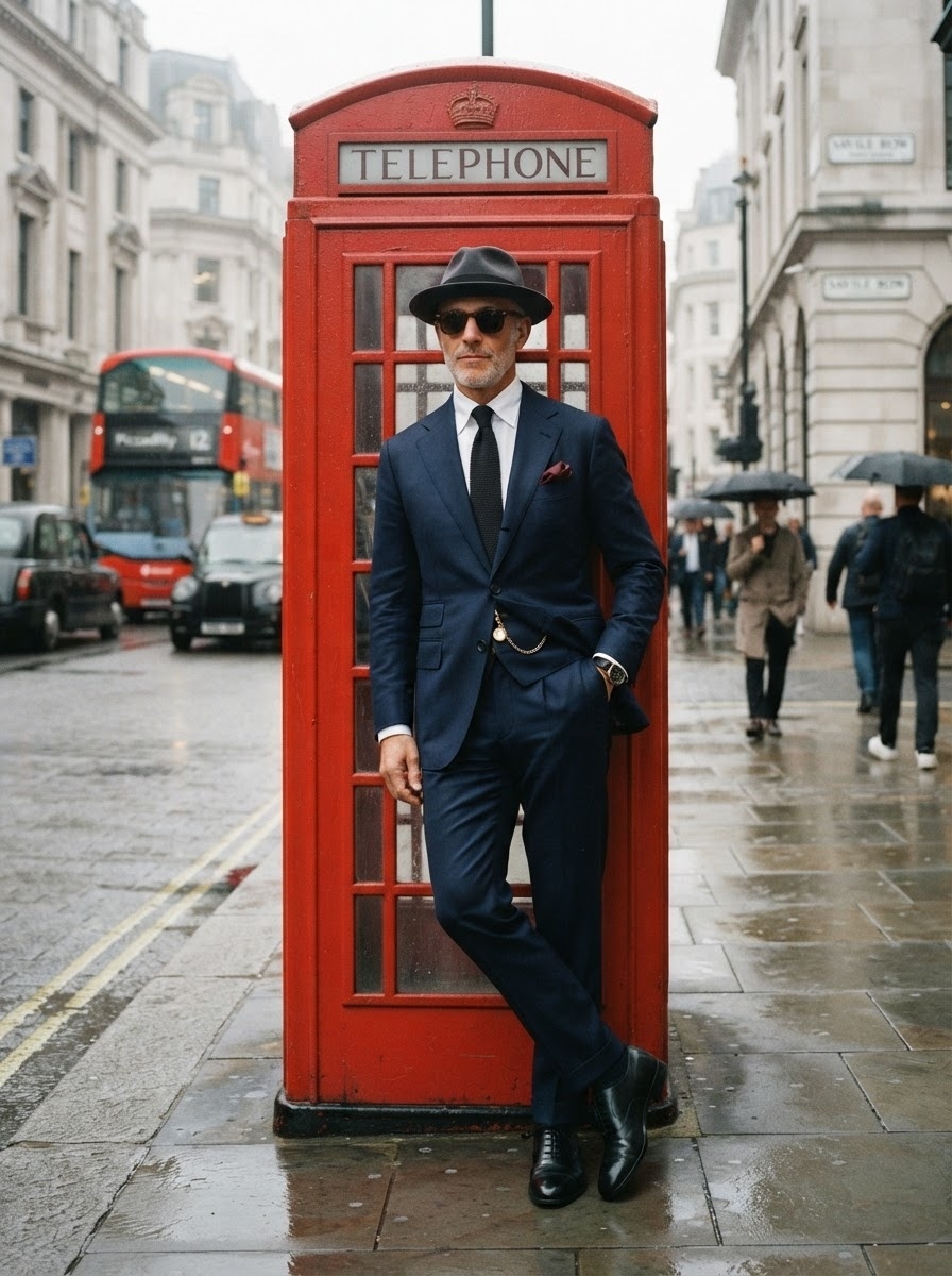 SKIPIKS AIファッション写真 — classic, formal, sophisticated — このルックは、クラシックなネイビーのスーツにピンクのポケットチーフを合わせ、都会的な洗練さを加えています。グレーの帽子と高級なネクタイがエレガントなアクセントを