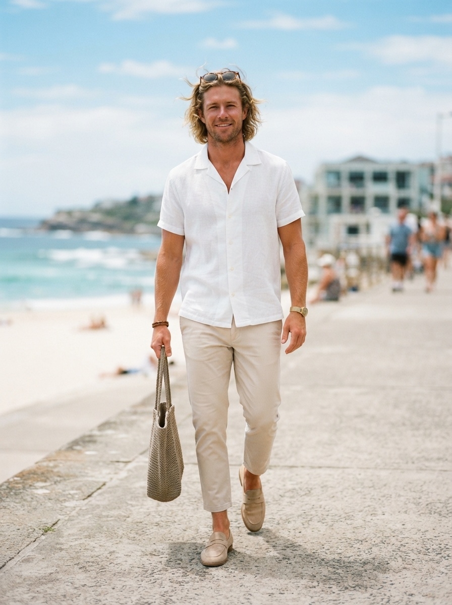 SKIPIKS AI fashion editorial — minimalist, casual, beachwear — This look evokes a refreshing summer beach vibe with the harmony of beige and wh