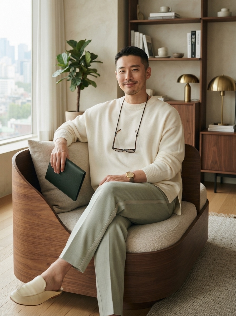 SKIPIKS AI 패션 화보 — minimalist, modern, classic — 아이보리 색상의 니트 스웨터가 부드럽고 따뜻한 무드를 전해줘요. 연한 회색 슬랙스와 함께 매치하면 세련된 데일리룩이 완성됩니다. 봄철 누구에게나