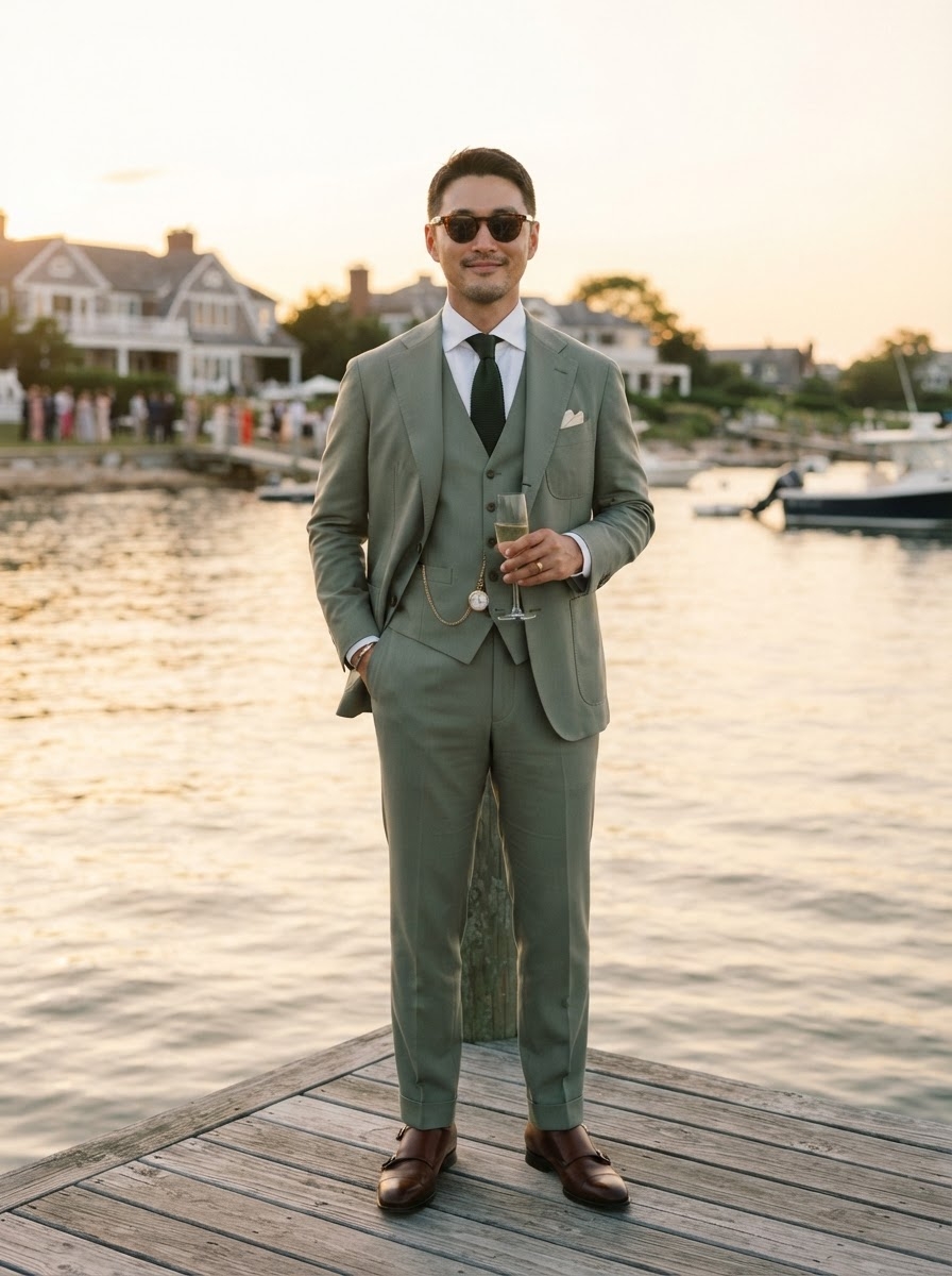 SKIPIKS AIファッション写真 — dapper, formal, classic — カーキ色のスーツは落ち着きながらも洗練された雰囲気を醸し出します。ホワイトシャツとネイビータイの組み合わせで、クラシックでクリーンなムードが完成します。結婚式や