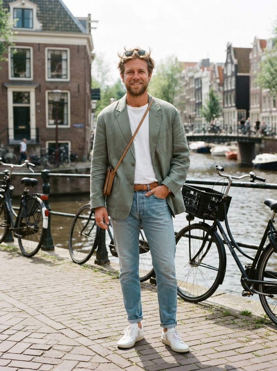 SKIPIKS AI fashion editorial — casual, chic — The combination of a light green jacket and a white t-shirt creates a fresh mood