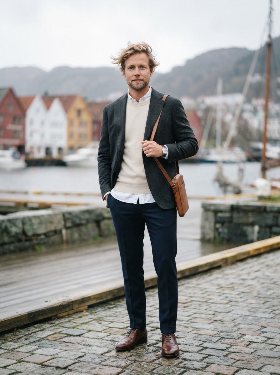 SKIPIKS AIファッション写真 — preppy, minimalist — クリーンで洗練されたムードのクラシックなルックです。ネイビーのスラックスとベージュのセーターにブラックのブレザーを合わせて、きちんとしながらもスタイリッシュな印