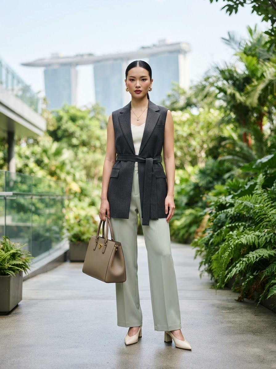 SKIPIKS AIファッション写真 — modern, chic, sophisticated — ダークグレーのノースリーブジャケットとライトグリーンのパンツが調和した洗練されたオフィスルックです。シンプルなホワイトトップとゴールドアクセサリーでポイントを加