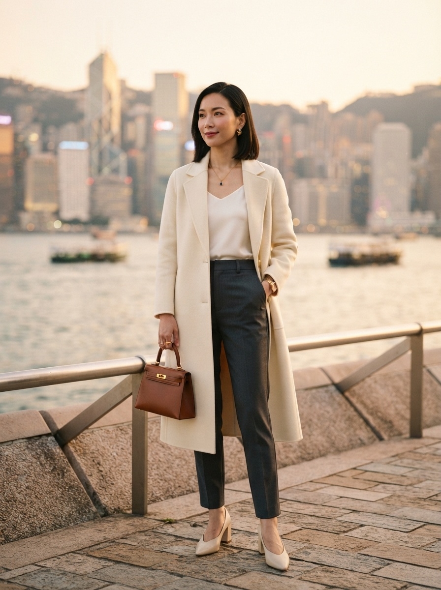 SKIPIKS AIファッション写真 — elegant, chic — クラシックなシルエットのコートとパンツの組み合わせが洗練された雰囲気を醸し出します。アイボリートーンのブラウスとパンプスで優雅さをプラスしましょう。秋のオフィス