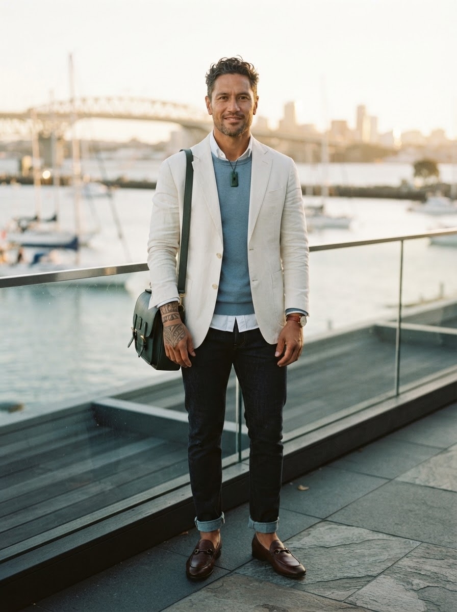 SKIPIKS AI fashion editorial — classic, smart_casual — The combination of an ivory blazer and a sky-blue sweater creates a sophisticate