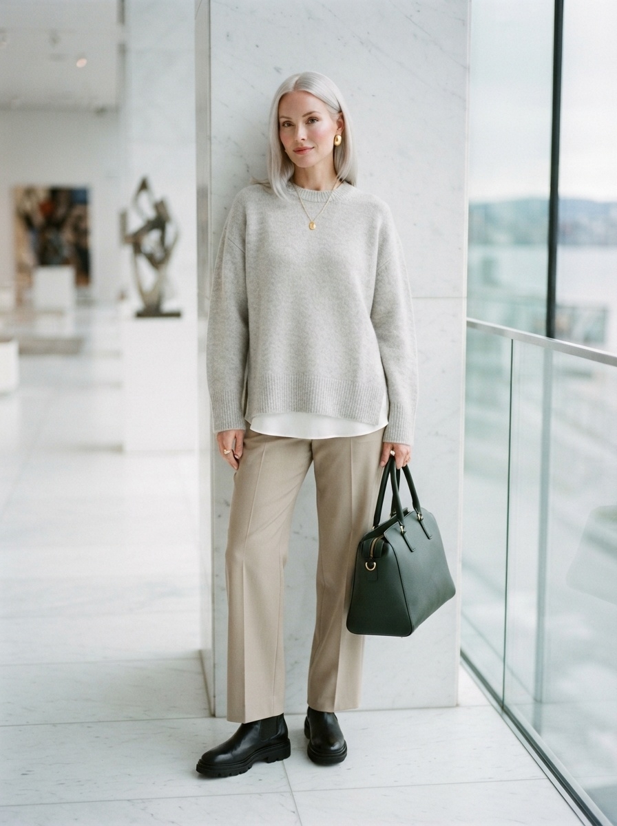 SKIPIKS AI时尚大片 — minimalist, chic — 这款造型展现了舒适而又优雅的氛围。灰色针织衫与米色长裤的搭配营造出优雅的气息。非常适合冬季日常穿着，搭配一款深绿色手袋更显时尚感。