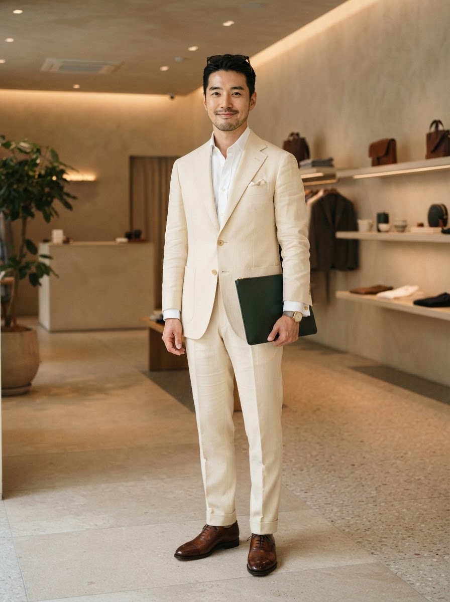 SKIPIKS AIファッション写真 — classic, formal, sophisticated — ベージュのスーツが持つ優雅さと余裕が際立つルックです。ホワイトシャツと合わせて最高のフォーマル感を演出しました。グリーンのクラッチバッグがポイントになり、ビジネ