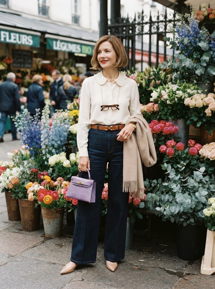 SKIPIKS AI fashion editorial — chic, retro — The vintage cream blouse paired with flared denim creates an elegant vibe. Add a
