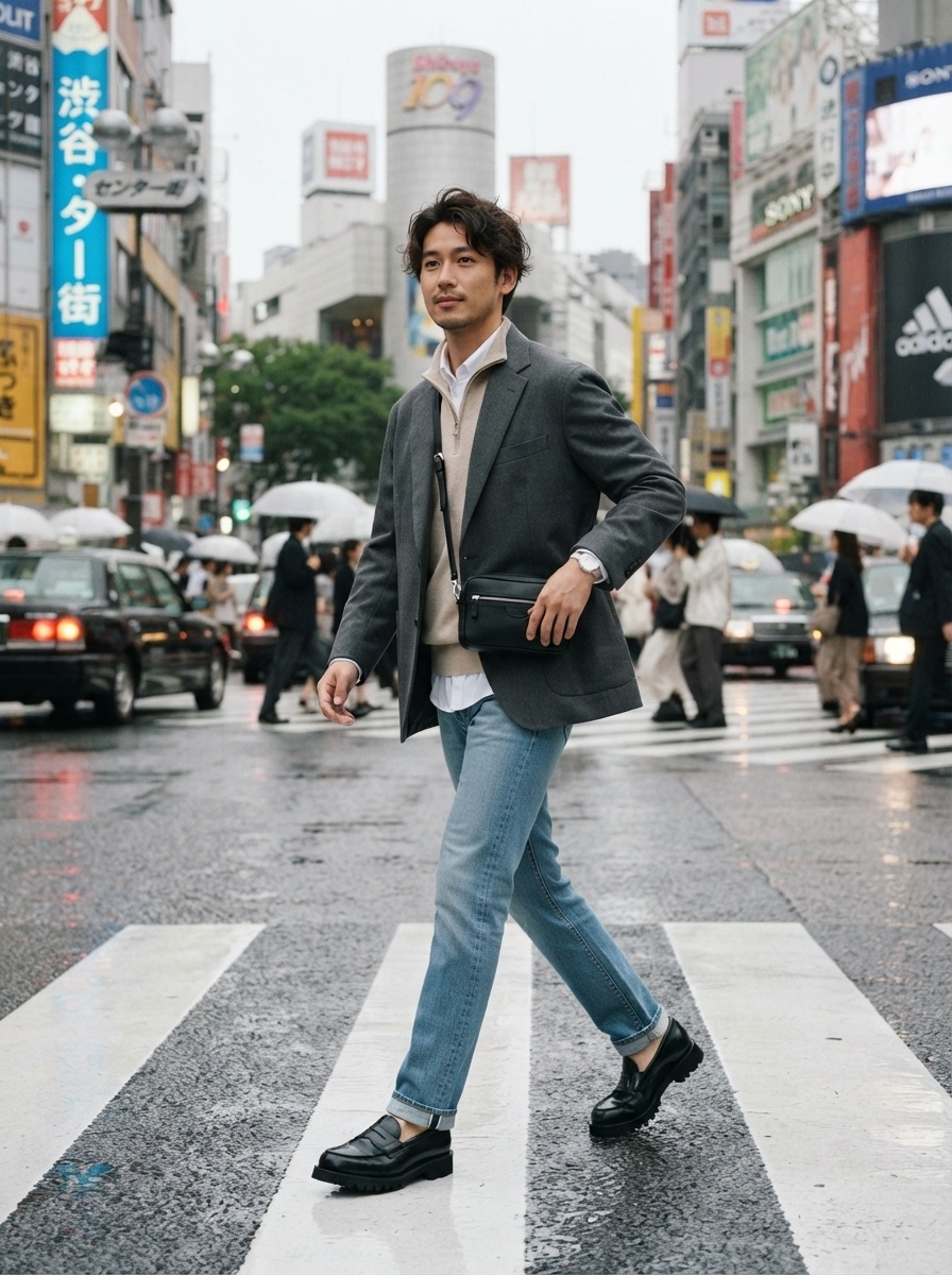 SKIPIKS AI时尚大片 — smart_casual, urban, contemporary — 这款造型展现了都市感和优雅气息，灰色西装外套与米色毛衣的搭配十分出色。搭配牛仔裤和乐福鞋，既休闲又显得高档。适合秋季的这套搭配，无论是日常穿着还是聚会或约会都毫