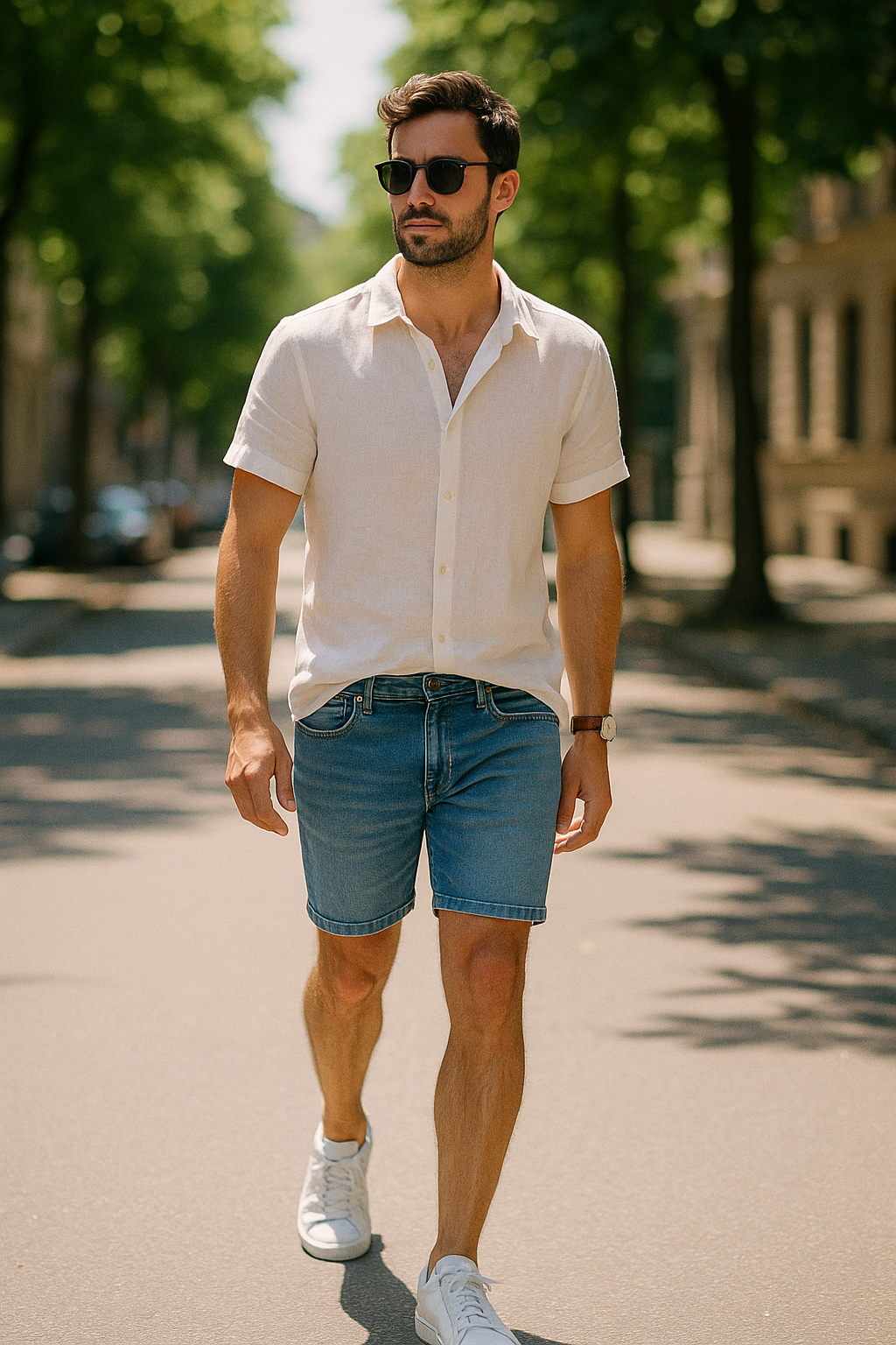 SKIPIKS AI fashion editorial — casual, minimalist — The combination of a clean, cool beige shirt and denim shorts catches the eye. Y