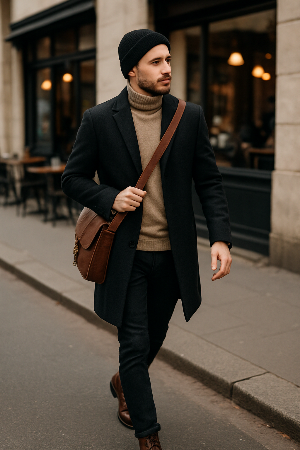 SKIPIKS AI fashion editorial — classic, sophisticated — This is a sophisticated style completed with a calm-toned coat and turtleneck sw
