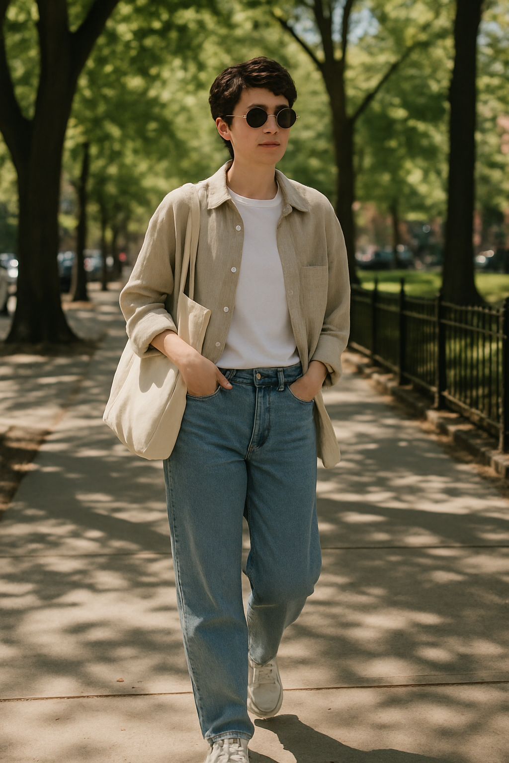 SKIPIKS AIファッション写真 — minimalist, casual — ベージュのシャツとホワイトのTシャツの組み合わせでシンプルながらエレガントな雰囲気を演出しましょう。ジーンズとホワイトスニーカーを合わせることで、快適でありなが