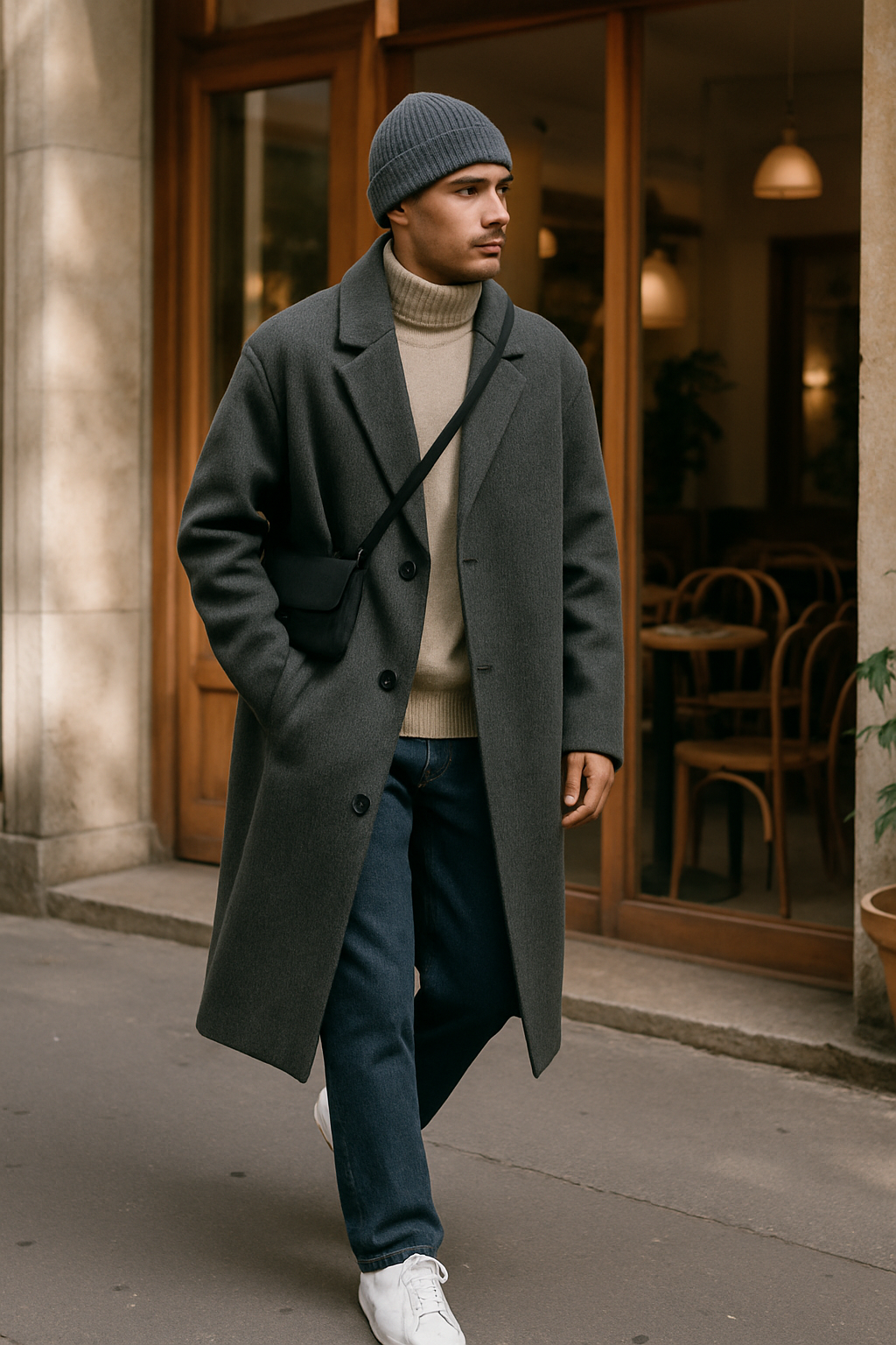 SKIPIKS AI时尚大片 — minimalist, urban, casual — 优雅的灰色外套与米色高领羊毛毛衣的组合营造出优雅的氛围。搭配牛仔裤和白色运动鞋，轻松完成休闲又时尚的造型。我推荐使用毛线帽和单肩包，打造适合日常和约会的都市冬季