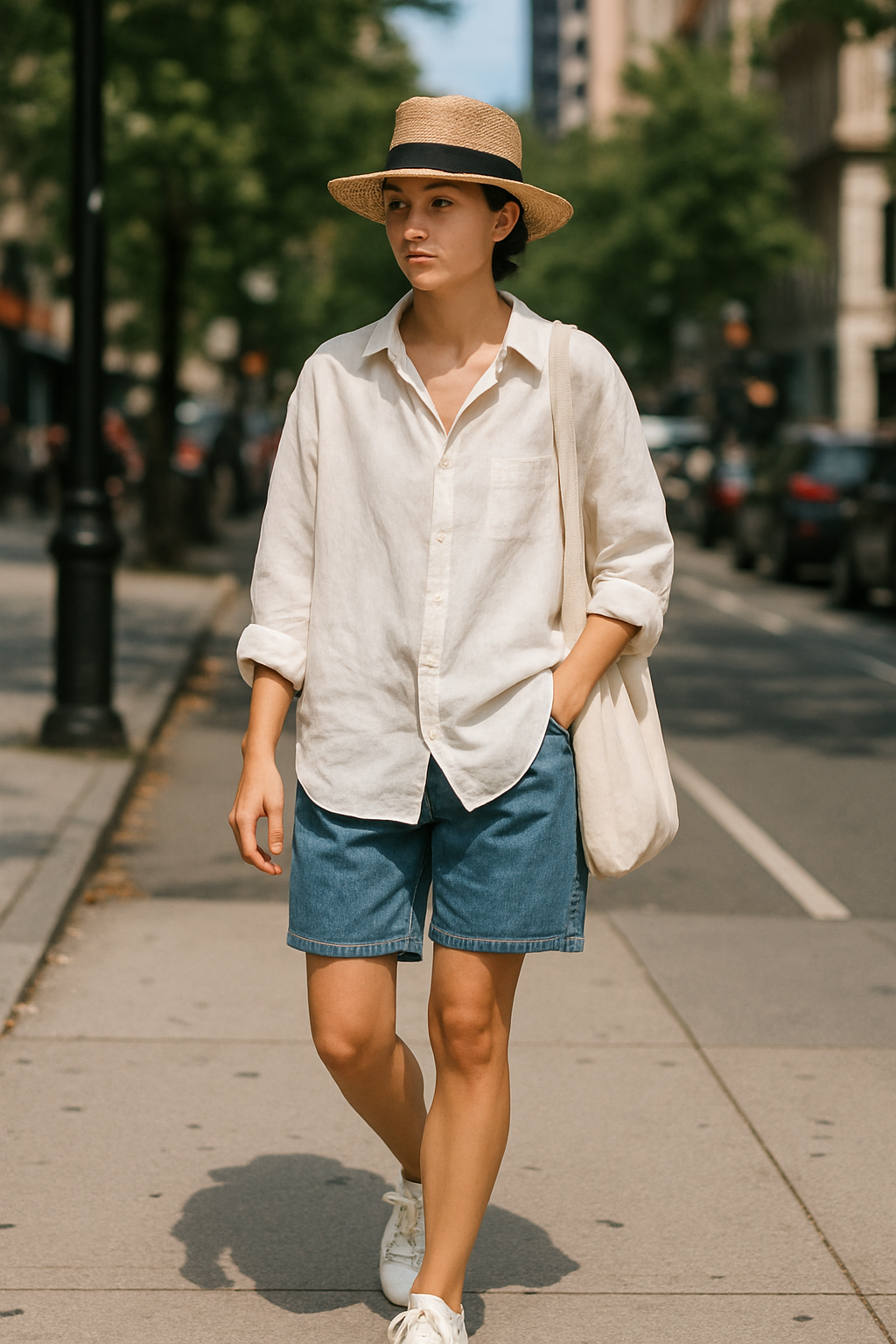 SKIPIKS AI 패션 화보 — streetwear, feminine, minimalist — 여름 거리에서 돋보이는 린넨 셔츠와 데님 반바지가 시원한 느낌을 주는 룩입니다. 밀짚모자와 캔버스백으로 스타일의 포인트를 더해보세요. 여유로운 