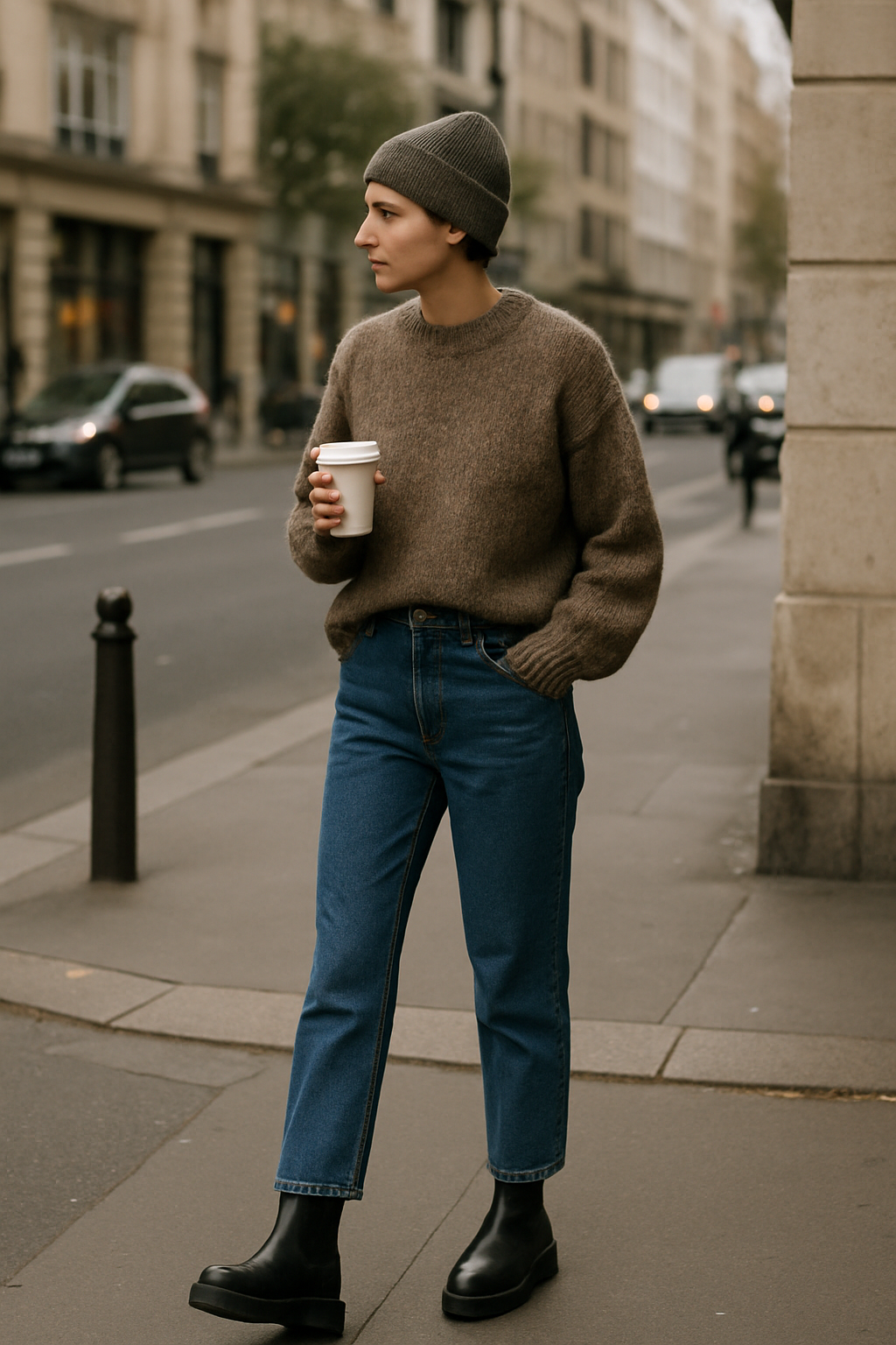 SKIPIKS AIファッション写真 — casual, minimalist — 温かみのあるブラウンのニットセーターにクラシックなジーンズを合わせたルックは、心地よい雰囲気を演出します。ブラックのチェルシーブーツとグレーのビーニーで全体のカ