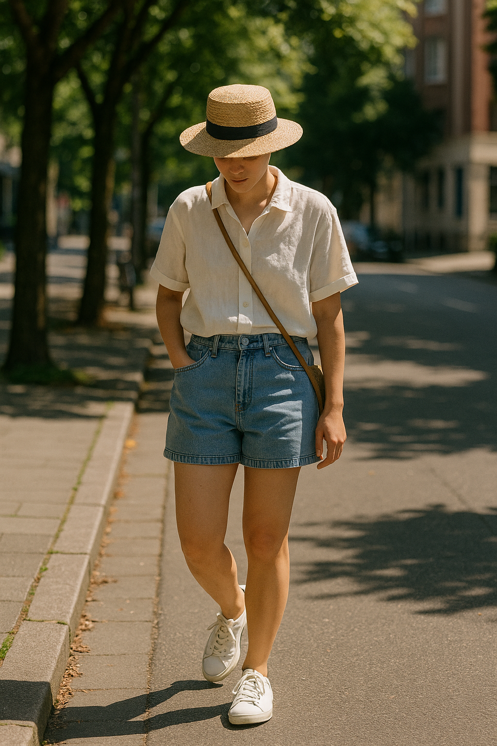 SKIPIKS AI 패션 화보 — casual, summer, minimalist — 시원한 린넨 셔츠와 데님 반바지를 매치한 룩으로 여름의 청량한 무드를 자아내요. 스트로 햇과 화이트 스니커즈로 캐주얼함과 동시에 가벼움을 더했어