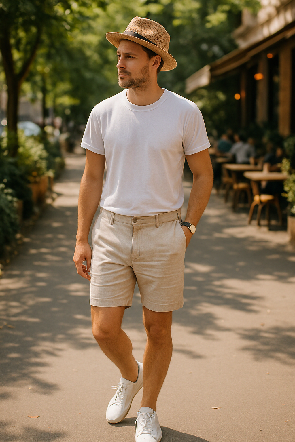 SKIPIKS AI 패션 화보 — minimalist, casual — 시원하면서도 세련된 여름 스타일링으로 흰색 티셔츠와 베이지 반바지가 완벽한 조화를 이룹니다. 편안한 운동화와 함께 심플하지만 트렌디한 무드를 연
