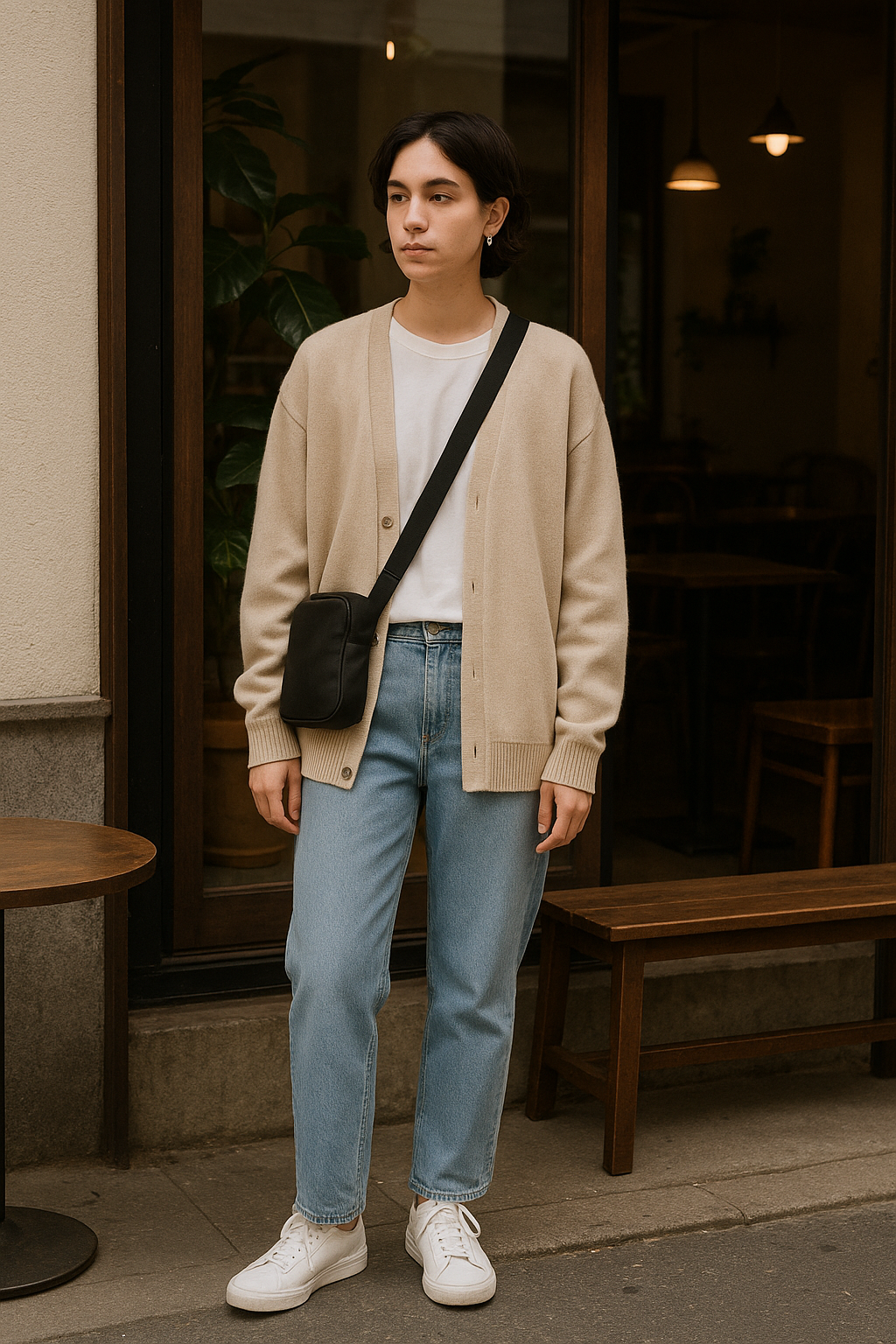 SKIPIKS AI时尚大片 — minimalist, casual — 这款休闲造型突显了柔和的米色开衫与浅蓝色牛仔裤的搭配。搭配白色T恤和运动鞋，增添舒适而干练的气息。这是春季日常出行的完美风格。