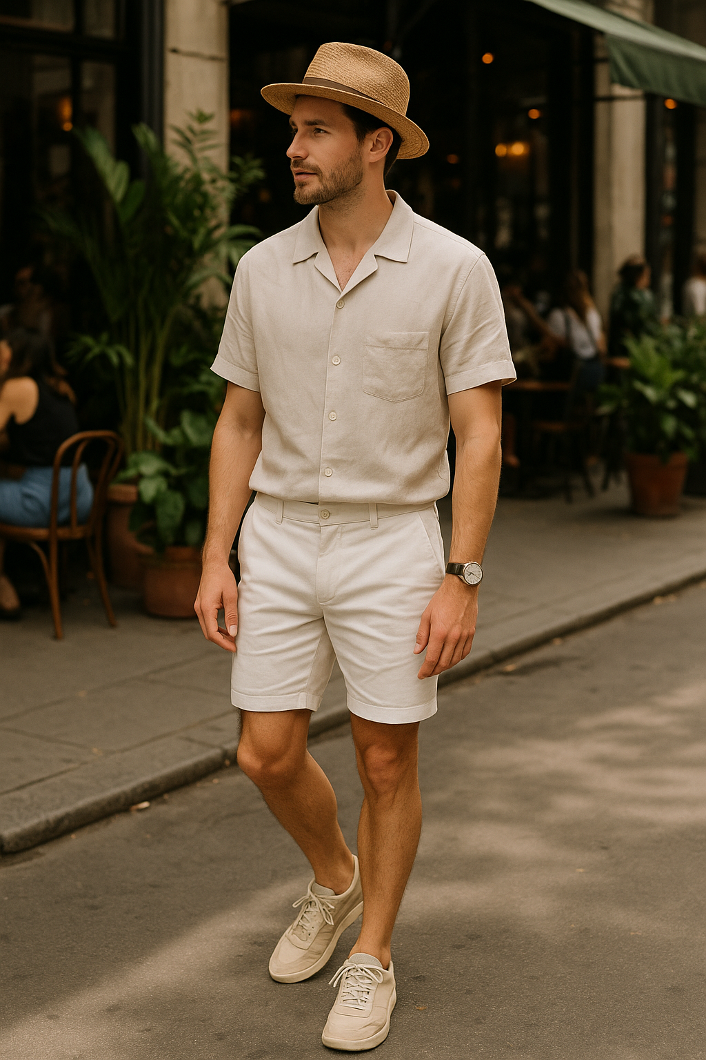 SKIPIKS AIファッション写真 — minimalist, casual — 明るいベージュとホワイトトーンの調和が際立つ洗練された夏スタイルです。リネンシャツとショートパンツを組み合わせて、快適でありながらきちんとしたルックを完成させま