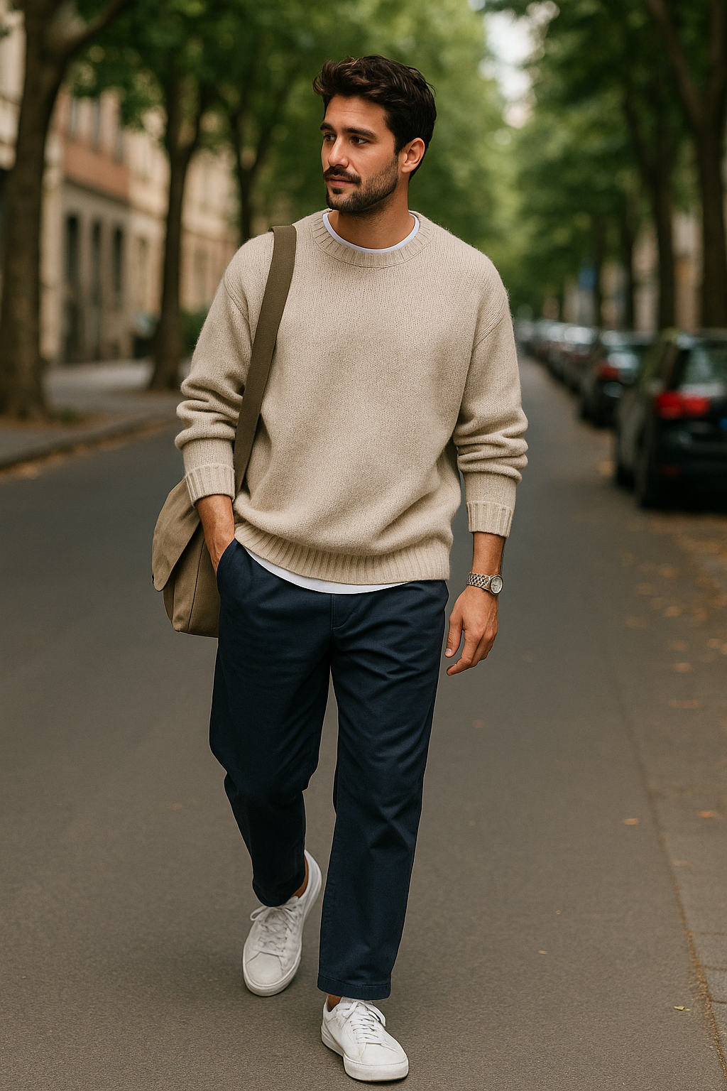 SKIPIKS AI时尚大片 — casual, minimalist, urban — 米色针织毛衣与海军蓝裤子的沉稳组合展现了都市风格。搭配卡其色单肩包增加实用性，白色运动鞋则为整体形象增添干净感。这个造型在秋季日常中舒适，适合多种场合。