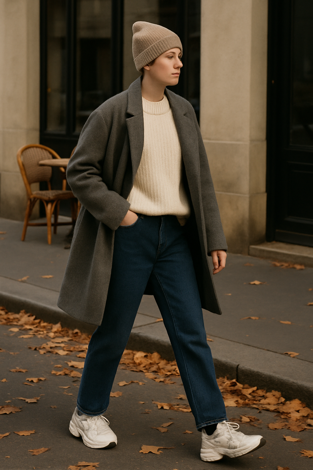 SKIPIKS AI 패션 화보 — minimalist, casual — 자연스러운 멋을 담은 캐주얼한 가을 룩입니다. 베이지 톤의 비니와 스웨터가 포근함을 더하며, 여유로운 실루엣의 코트로 완성되었습니다. 청바지와 