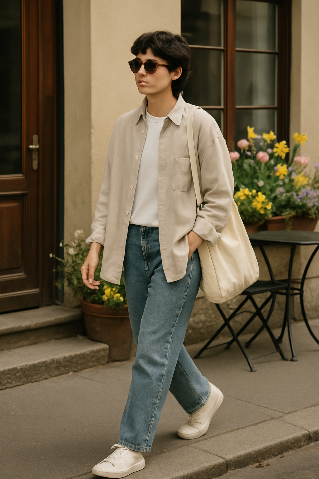 SKIPIKS AI 패션 화보 — minimalist, casual — 베이지 셔츠와 청바지로 자연스러운 캐주얼 무드를 완성해보세요. 가벼운 에코백과 운동화를 매치하면 편안하고 실용적인 스타일링이 완성됩니다. 봄날 