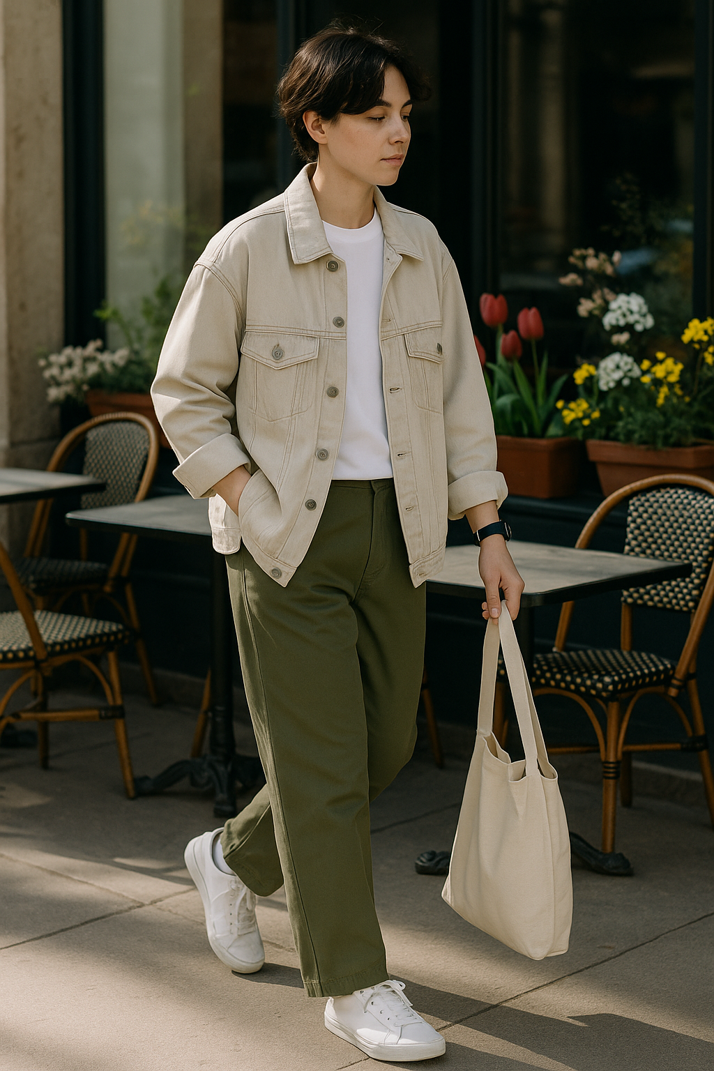 SKIPIKS AI 패션 화보 — minimalist, casual — 부드러운 베이지 자켓과 카키 팬츠가 어우러져 세련된 봄의 무드를 연출합니다. 화이트 티셔츠로 깔끔함을 더하고, 스니커즈와 토트백으로 편안한 캐주