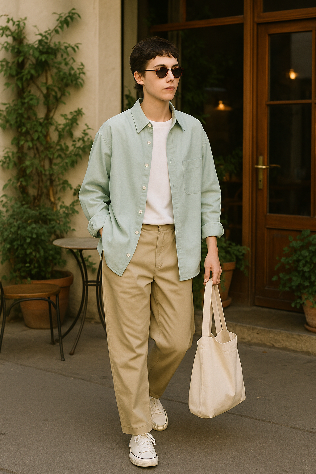 SKIPIKS AI 패션 화보 — casual, minimalist — 민트 색상의 셔츠와 베이지 팬츠로 완성된 룩이 산뜻하고 깔끔합니다. 화이트 티셔츠와 스니커즈로 캐주얼함을 살리고, 에코백과 선글라스로 실용성을 