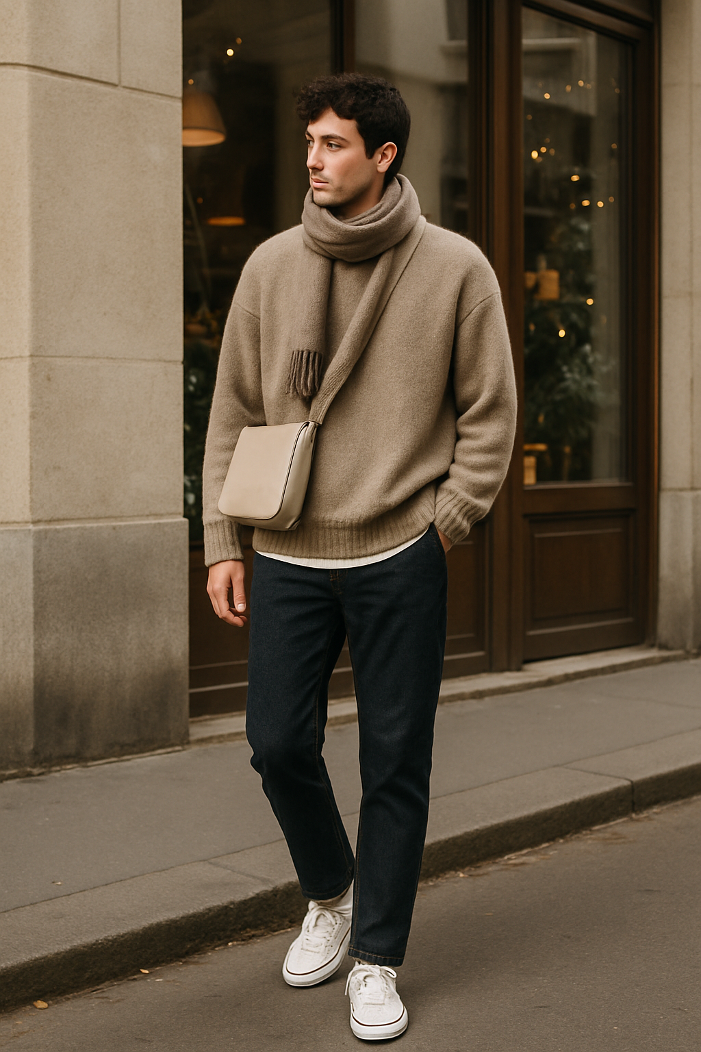 SKIPIKS AI 패션 화보 — casual, minimalist — 포근한 베이지 색상의 니트 스웨터가 따뜻한 느낌을 주는 룩이에요. 진청색 청바지와 베이지 머플러로 차분한 가을 감성을 연출해보세요. 데일리 룩으