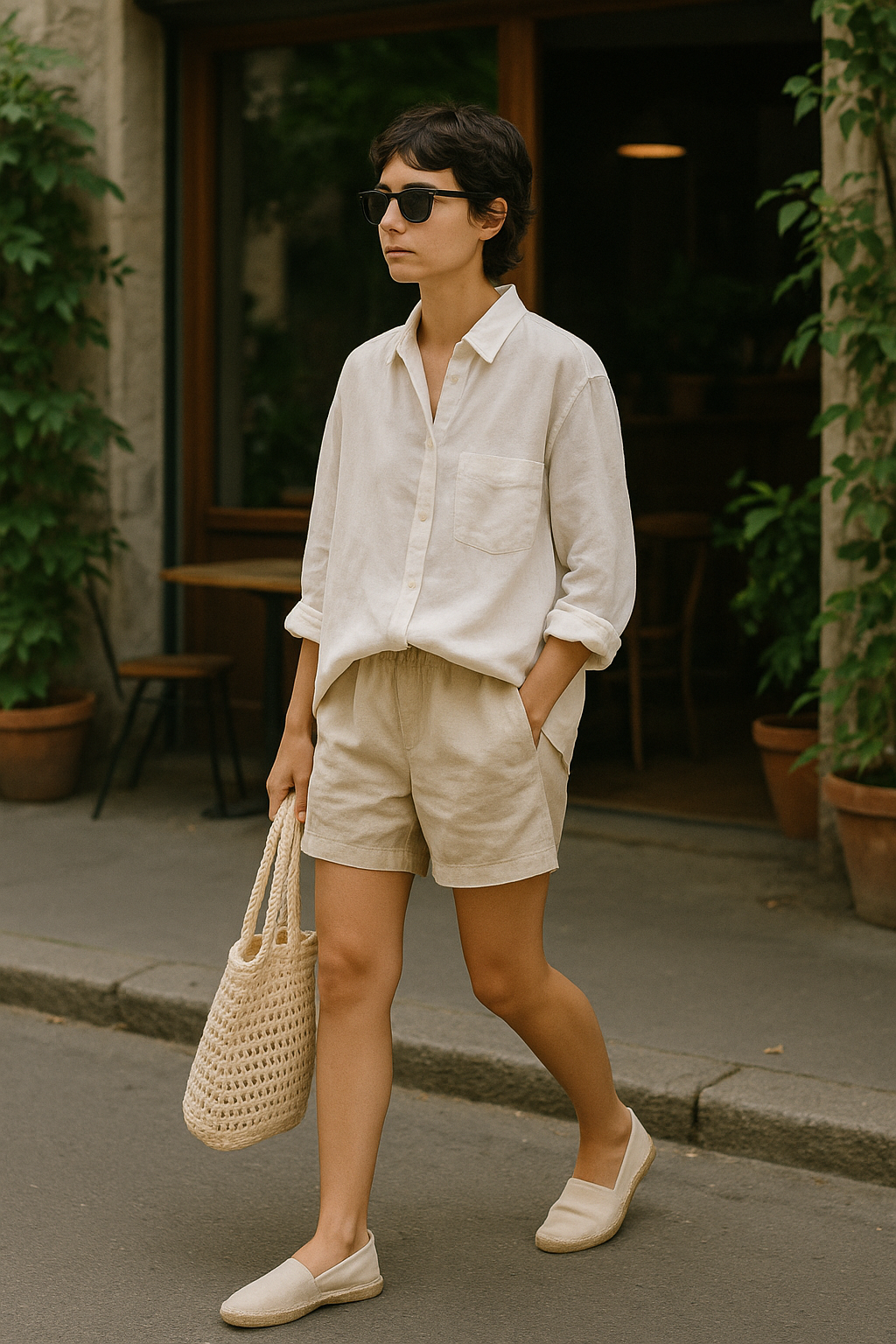 SKIPIKS AI时尚大片 — minimalist, casual — 这是用奶油色的宽松衬衫和米色短裤完成的极简夏季造型。推荐搭配网状包和草编鞋，既舒适又时尚。营造适合周末早午餐或轻松散步的休闲氛围。