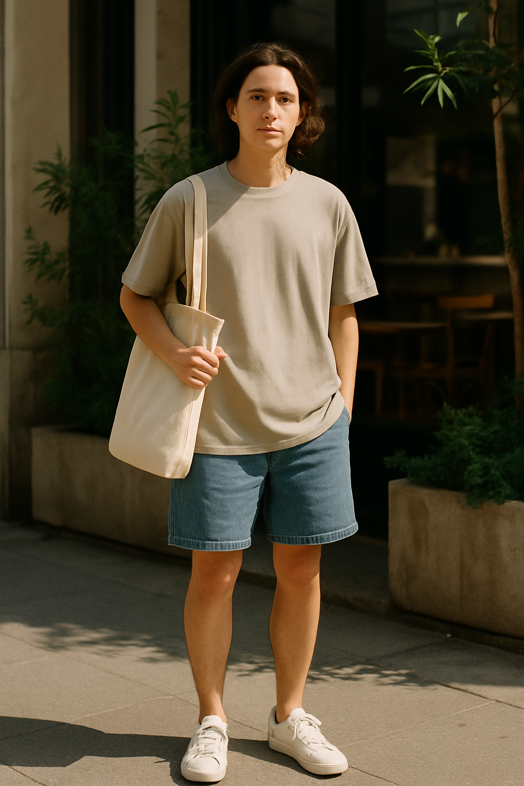 SKIPIKS AI时尚大片 — minimalist, casual — 浅米色T恤搭配蓝色牛仔短裤，营造出清爽宜人的感觉。搭配白色运动鞋和干净的帆布手提包，完成简约而实用的造型。非常适合周末日常穿搭，适合轻松散步或与朋友见面。