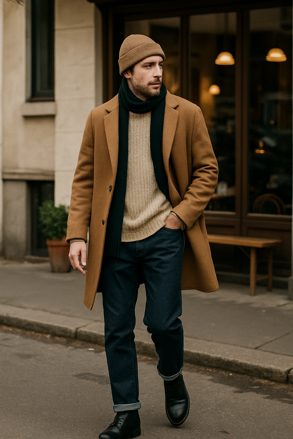 SKIPIKS AI fashion editorial — streetwear, chic — A modern winter styling featuring a camel coat and beige knit for a warm feel. P