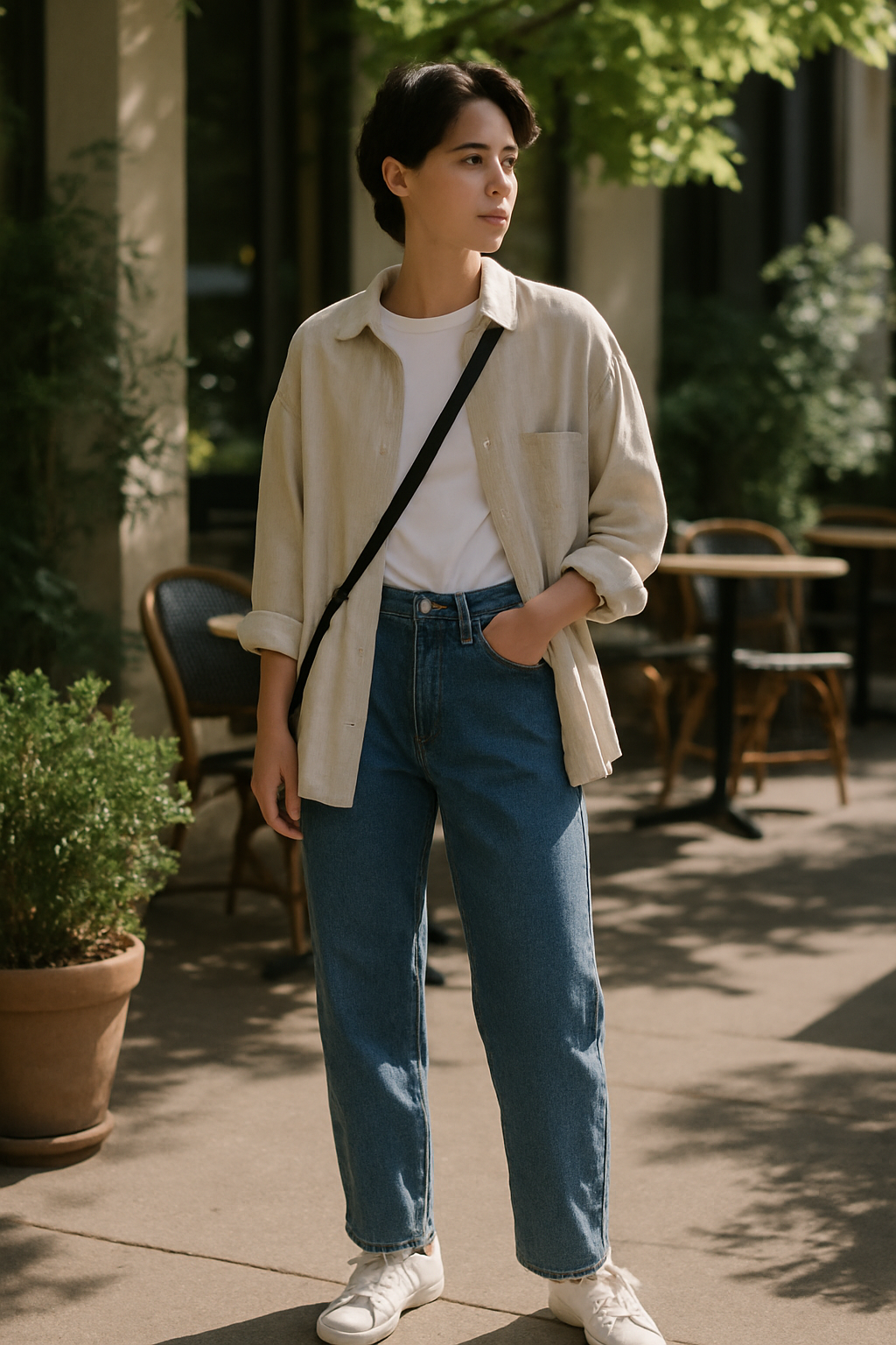 SKIPIKS AI时尚大片 — casual, minimalist — 这款造型突出了米色衬衫和白色T恤的和谐叠穿。搭配牛仔裤和经典白色运动鞋，营造出舒适的休闲氛围。非常适合日常穿着，也适合轻松的外出或咖啡馆拜访。