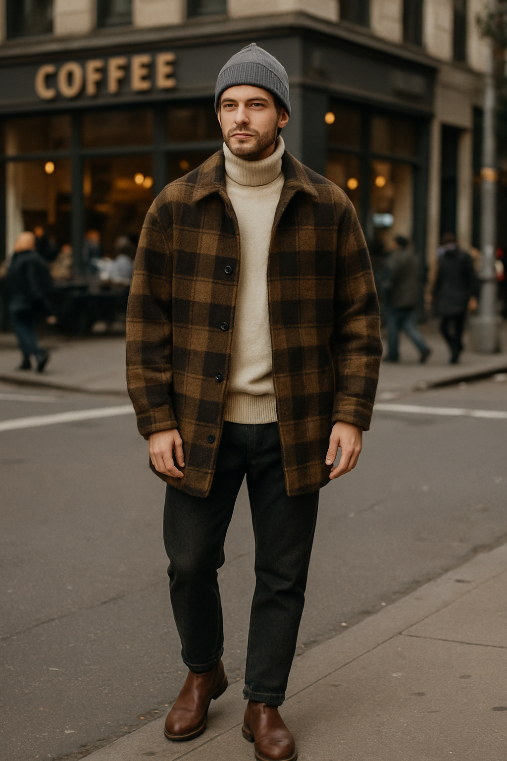 SKIPIKS AIファッション写真 — casual, minimalist — ブラウン系のチェックコートが温かい秋の雰囲気を演出します。柔らかなクリーム色のニットと組み合わせて、リラックスしたカジュアルな印象を楽しんでください。デイリーや