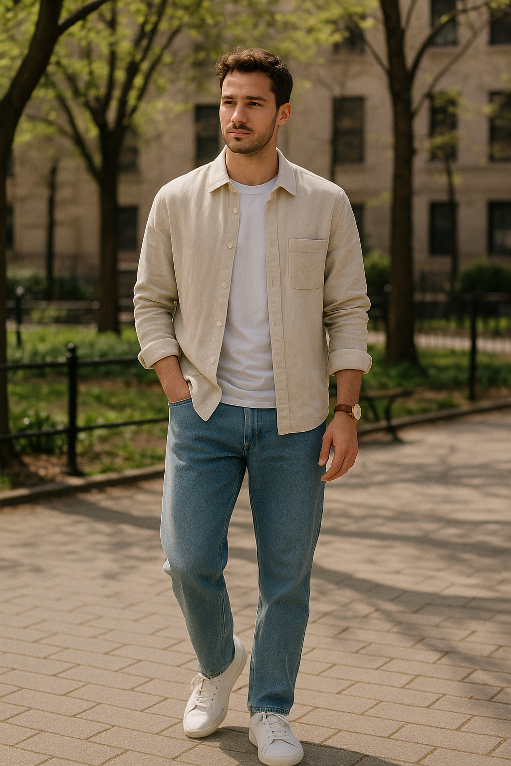 SKIPIKS AIファッション写真 — casual, minimalist — 快適なベージュのシャツとホワイトTシャツの組み合わせが春の天候にぴったりのカジュアルスタイルを完成させます。ジーンズとホワイトスニーカーでクリーンな印象を与え、