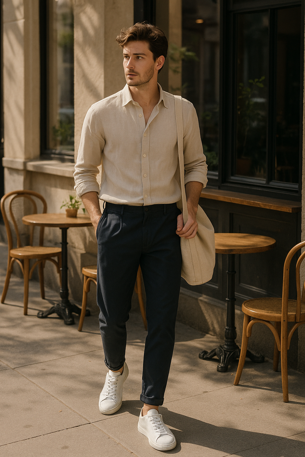 SKIPIKS AI时尚大片 — minimalist, casual — 米色衬衫与海军蓝裤子的搭配展现出干净而优雅的氛围。搭配白色运动鞋增添休闲感，并用奶油色手提包兼顾实用性。非常适合城市日常穿搭或校园造型。
