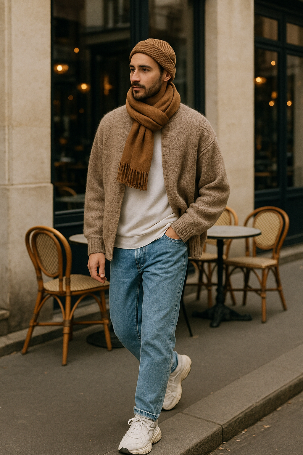 SKIPIKS AI时尚大片 — casual, modern, urban — 用温暖的米色开衫和棕色毛帽营造出优雅的秋季氛围。搭配牛仔裤和运动鞋，既舒适又时尚。适合日常出游或轻松聚会的造型，添加围巾增添亮点。