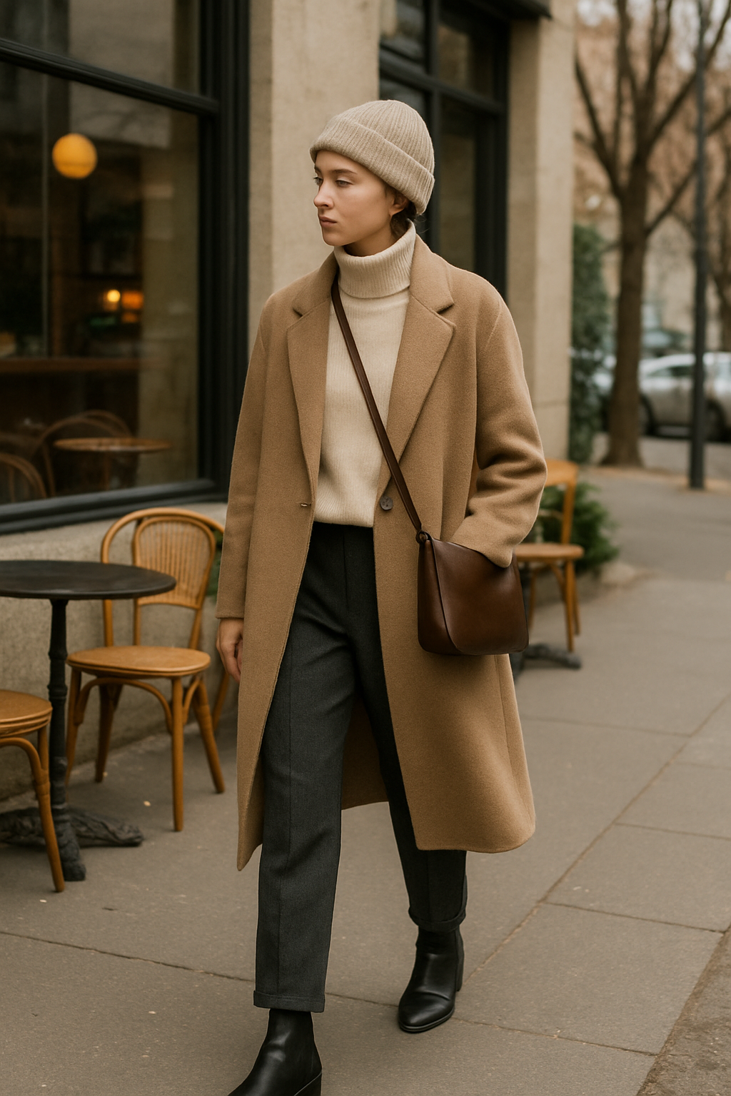 SKIPIKS AI 패션 화보 — minimalist, chic — 감각적인 베이지와 차콜의 조화로 따뜻하고 세련된 분위기를 연출해보세요. 간결한 실루엣의 니트와 클래식한 코트를 매치해 우아한 미니멀룩을 추천해요