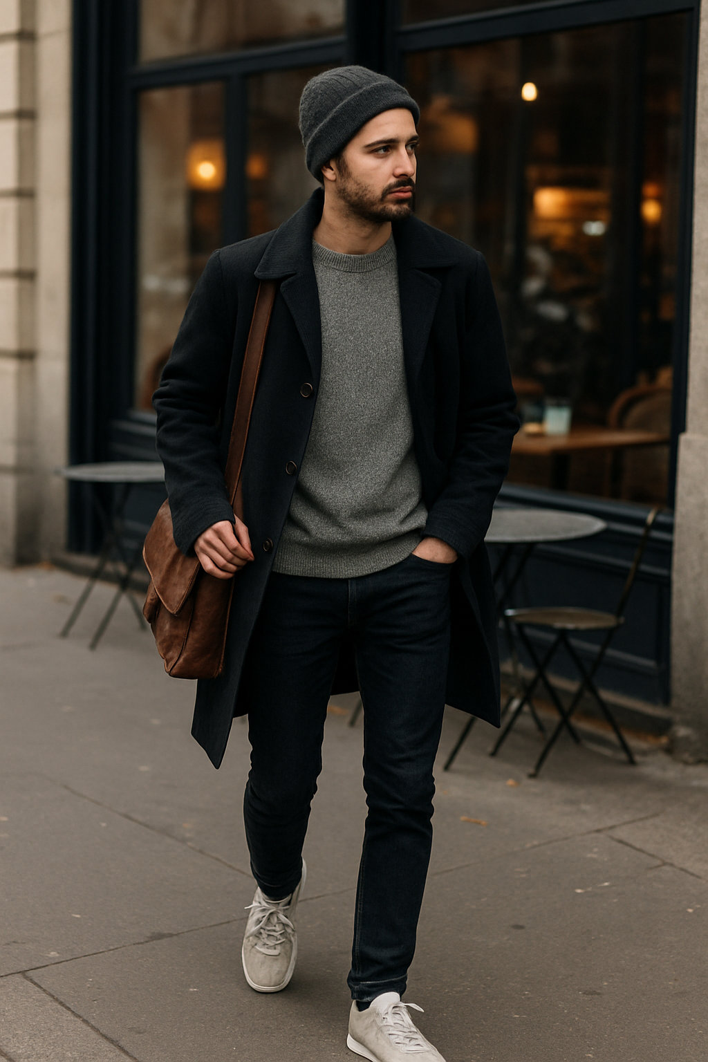 SKIPIKS AIファッション写真 — minimalist, casual, urban — 洗練されたブラックコートとグレーのニットが調和する都会的なムードのルックです。カジュアルながらセンスのあるデイリールックで、濃紺のジーンズとグレーのスニーカーで