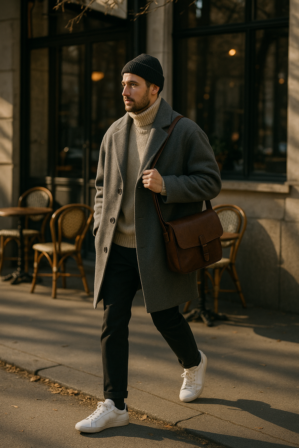 SKIPIKS AI 패션 화보 — minimalist, casual — 따뜻하고 세련된 무드를 연출하는 회색 코트와 크림색 터틀넥의 조화가 돋보입니다. 검정 바지와 흰색 스니커즈로 깔끔한 룩을 완성해보세요. 주말의 