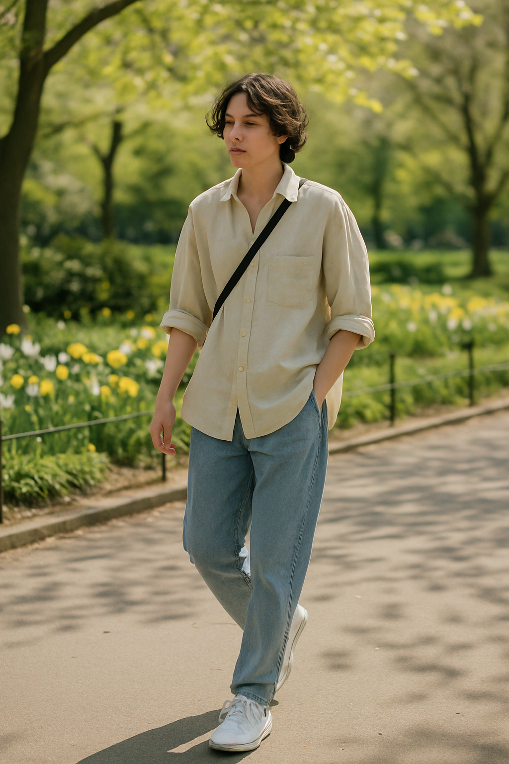 SKIPIKS AI 패션 화보 — minimalist, casual — 여유로운 실루엣의 베이지 셔츠와 데님 블루 청바지가 조화를 이루며 자연스러운 분위기를 연출해보세요. 크로스백으로 실용성을 더하고, 화이트 스니커