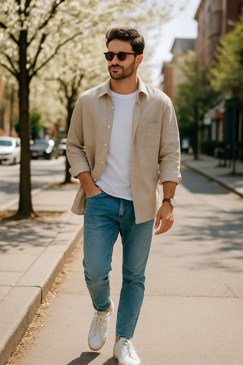 SKIPIKS AI 패션 화보 — casual, minimalist — 베이지 셔츠와 블루 데님이 어우러져 봄철의 화사한 무드를 전해줍니다. 기본 화이트 티셔츠와 스니커즈로 편안함을 더하고, 선글라스와 시계로 스타일