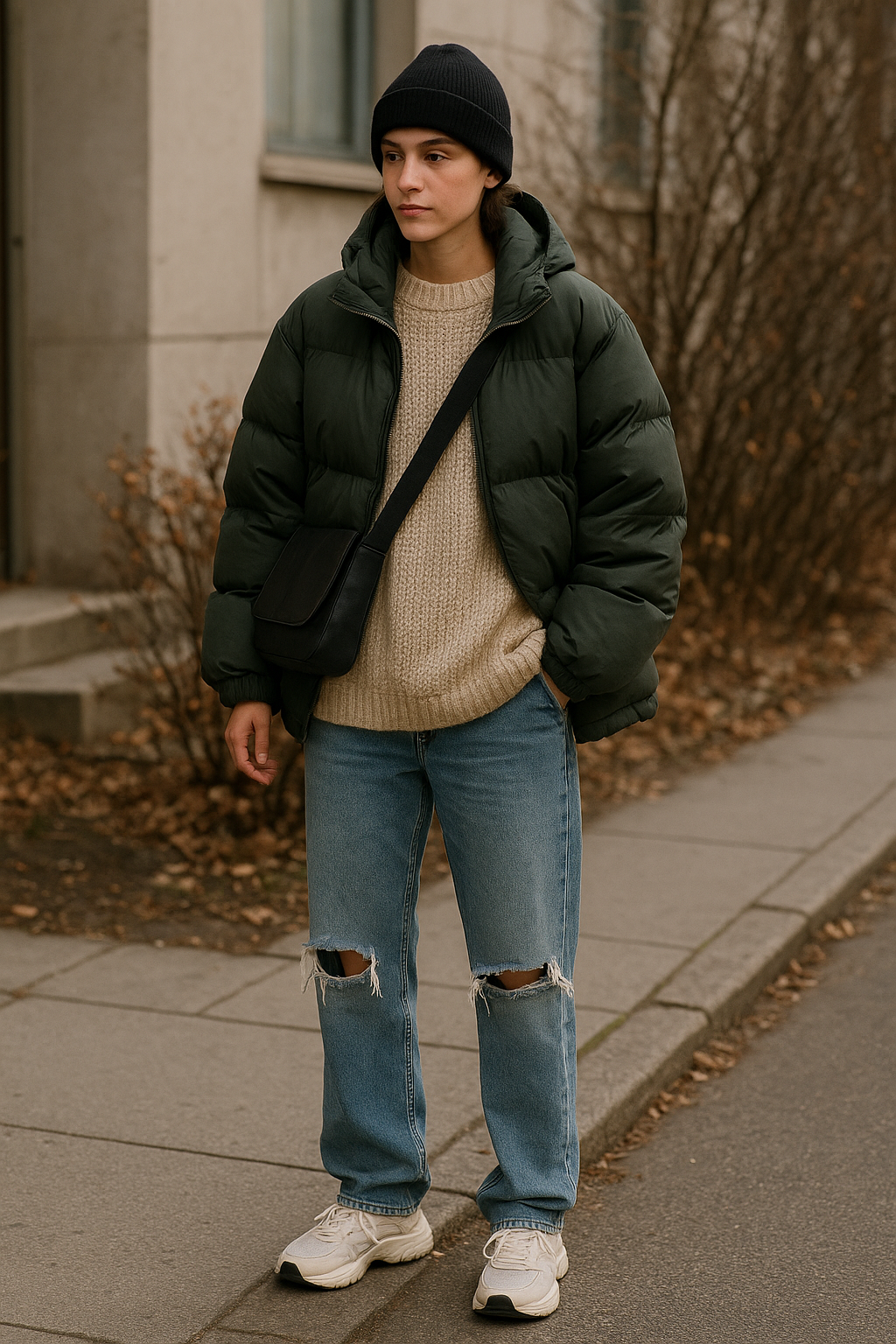 SKIPIKS AI 패션 화보 — casual, streetwear — 카키 패딩과 베이지 니트의 조화가 따뜻한 느낌을 줍니다. 데님 팬츠와 화이트 스니커즈로 캐주얼한 무드를 완성해보세요. 일상에서 따뜻하고 편안한 